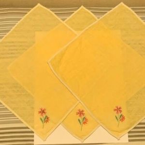 3 Vintage Yellow Handkerchiefs flower embroidery hand stitch - pink + red flower